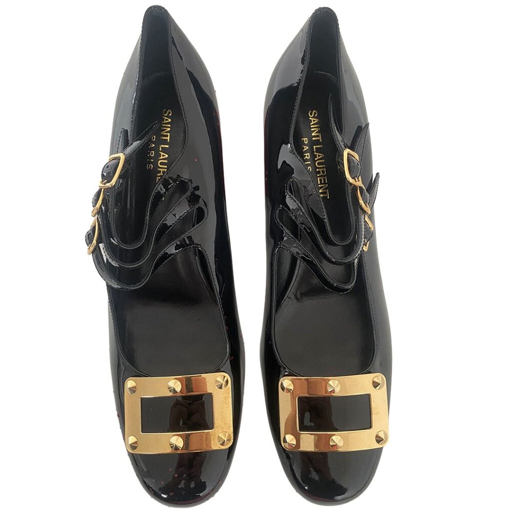 Saint Laurent Paris Black Patent Mary Jane Pumps - Red Glitter Heel - Size 38